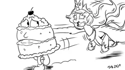 Size: 1200x675 | Tagged: safe, artist:pony-berserker, derpibooru import, princess celestia, alicorn, pony, cake, cake monster, cakelestia, chase, female, food, hungry, image, mare, png, pony-berserker's twitter sketches, running, running away, salivating, silly face, tongue out