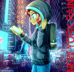 Size: 1720x1683 | Tagged: safe, artist:the-butch-x, derpibooru import, sunset shimmer, equestria girls, backpack, city, clothes, female, hoodie, image, mobile phone, new york city, phone, png, rain, skyscraper, smartphone, solo