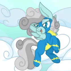 Size: 1500x1500 | Tagged: safe, artist:janeander, derpibooru import, oc, oc:heavy rain, unofficial characters only, pegasus, pony, fanfic:to be a wonderbolt, blue eyes, clothes, cloudy mane, commissioner:genki, cover art, cumulonimbus mane, fanfic art, fanfic character, female, image, mare, pegasus oc, png, smiling, solo, swirly mane, uniform, weather control pegasi, wings, wonderbolts, wonderbolts uniform