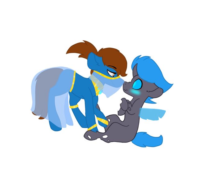 Size: 1380x1280 | Tagged: safe, artist:derpy_the_duck, derpibooru import, oc, oc:clyde, oc:derp, changeling, earth pony, base used, blue changeling, blushing, boop, clothes, crossdressing, harem, harem outfit, image, looking into each others eyes, male, noseboop, nose wrinkle, png, see-through, simple background, transparent background, veil