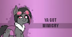 Size: 834x434 | Tagged: artist needed, safe, derpibooru import, oc, oc:mimicry, original species, banned from equestria daily, goggles, image, parody, parody:banned from equestria daily, png, purple changeling, solo