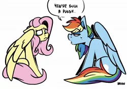 Size: 2048x1423 | Tagged: safe, artist:lrusu, derpibooru import, fluttershy, rainbow dash, pegasus, pony, dialogue, disappointed, duo, duo female, female, floppy ears, folded wings, image, jpeg, looking at someone, looking away, mare, open mouth, rainbow dash is not amused, rainbow douche, sad, simple background, sitting, speech bubble, unamused, vulgar, white background, wings