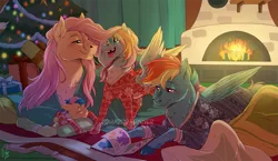 Size: 1367x793 | Tagged: safe, artist:hazurasinner, derpibooru import, fluttershy, rainbow dash, oc, oc:harmony (hazurasinner), oc:windy belle, pegasus, pony, blanket, christmas, christmas tree, clothes, cloven hooves, family, female, filly, fire, fireplace, flutterdash, footed sleeper, footie pajamas, hearth's warming, holiday, image, lesbian, magical lesbian spawn, mare, offspring, onesie, pajamas, parent:fluttershy, parent:rainbow dash, parents:flutterdash, png, present, shipping, sleeping, tooth gap, tree