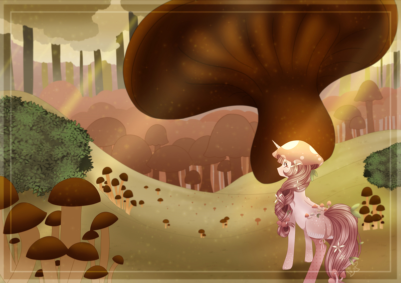 Size: 2814x1988 | Tagged: safe, artist:naezithania, derpibooru import, oc, oc:toadstool, mushroom pony, original species, pony, unicorn, digital art, female, forest, forest background, fullbody, horn, image, jpeg, lined, mare, mushroom, scenery, shaded background, solo, tree, unicorn oc