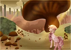 Size: 2814x1988 | Tagged: safe, artist:naezithania, derpibooru import, oc, oc:toadstool, mushroom pony, original species, pony, unicorn, digital art, female, forest, forest background, fullbody, horn, image, jpeg, lined, mare, mushroom, scenery, shaded background, solo, tree, unicorn oc