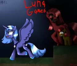 Size: 1376x1176 | Tagged: semi-grimdark, artist:candysugarskullgirl9, derpibooru import, apple bloom, pinkie pie, princess luna, alicorn, earth pony, pony, luna game, blood, creepybloom, creepypasta, crown, crying, evil, fangs, female, filly, glowing eyes, image, jewelry, pinkamena diane pie, png, red eyes, regalia, running, s1 luna, shocked, shocked expression, smiling, zalgo, zalgo pie