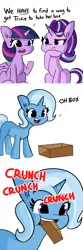 Size: 2250x6750 | Tagged: safe, artist:tjpones, derpibooru import, edit, editor:i-shooped-a-pwny, part of a set, starlight glimmer, trixie, twilight sparkle, twilight sparkle (alicorn), alicorn, pony, unicorn, box, bust, comic, cute, dialogue, diatrixes, eating, everything is fixed, female, hoof on chin, image, mare, onomatopoeia, pica, png, simple background, sitting, solo, that was easy, trixie's pills, wat, white background