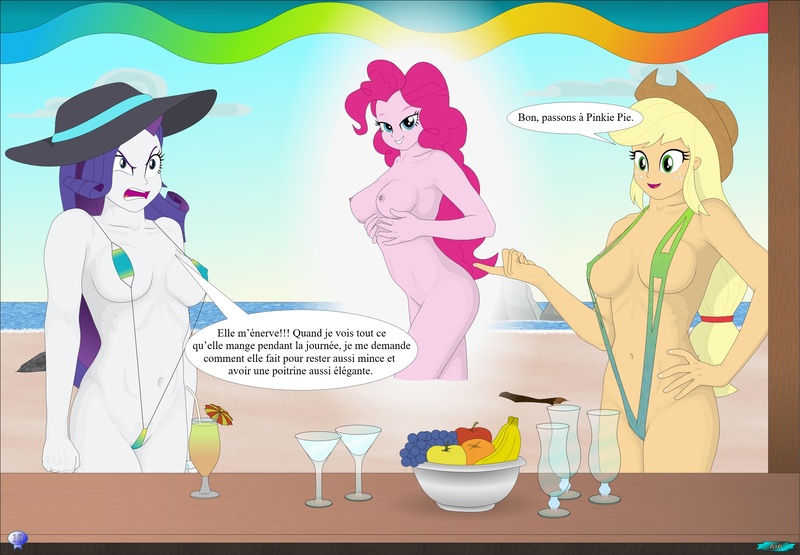 Size: 2060x1428 | Tagged: questionable, artist:fab3716, derpibooru import, applejack, pinkie pie, rarity, equestria girls, beach, belly button, bikini, breasts, clothes, female, females only, french, image, jpeg, my little pony, nipples, nudity, swimsuit, translated in the description, trio, trio female