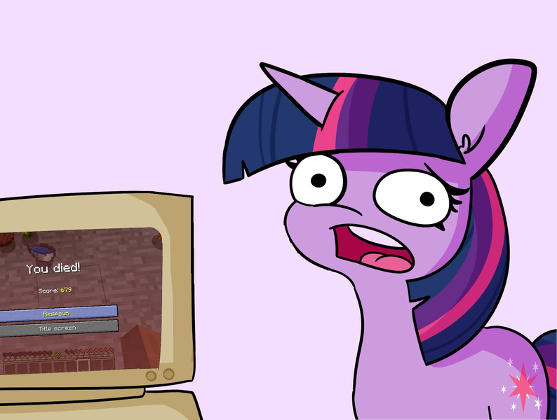 Size: 1984x1500 | Tagged: safe, artist:tjpones, derpibooru import, edit, twilight sparkle, computer, image, looking at you, minecraft, open mouth, png, reaction image, twilight's computer