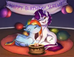 Size: 5000x3845 | Tagged: safe, artist:buttersprinkle, derpibooru import, rainbow dash, oc, oc:screwingwithsfm, pegasus, pony, unicorn, balloon, banner, birthday, birthday cake, cake, canon x oc, commission, commissioner:raritybro, cute, dashabetes, eyes closed, female, food, futadash (swsfmverse), horn, image, jpeg, lesbian, lying down, mare, ocbetes, one eye closed, prone, rug, screwingwithsfm's birthday, shipping, snuggling, unicorn oc