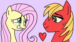 Size: 340x191 | Tagged: safe, artist:hectorlongshot, derpibooru import, big macintosh, fluttershy, earth pony, pegasus, pony, blushing, duo, female, fluttermac, freckles, heart, image, jpeg, lidded eyes, male, pink background, shipping, simple background, smiling, straight