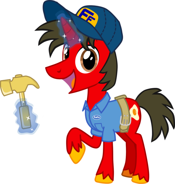 Size: 2580x2709 | Tagged: safe, artist:shadymeadow, derpibooru import, oc, oc:fried egg, pony, unicorn, clothes, costume, fix-it felix jr., hammer, image, magic, male, nightmare night costume, png, ralph breaks the internet, simple background, solo, stallion, transparent background, wreck-it ralph, wreck-it ralph 2