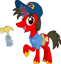 Size: 2580x2709 | Tagged: safe, artist:shadymeadow, derpibooru import, oc, oc:fried egg, pony, unicorn, clothes, costume, fix-it felix jr., hammer, image, magic, male, nightmare night costume, png, ralph breaks the internet, simple background, solo, stallion, transparent background, wreck-it ralph, wreck-it ralph 2