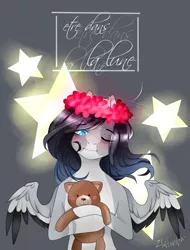 Size: 1280x1681 | Tagged: safe, artist:zloitoaster, derpibooru import, oc, unofficial characters only, pegasus, pony, bust, flower, flower in hair, image, jpeg, one eye closed, pegasus oc, signature, solo, spread wings, stars, teddy bear, wings, wink