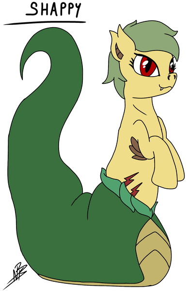 Size: 1200x1848 | Tagged: safe, artist:shappy the lamia, derpibooru import, oc, oc:shappy, earth pony, hybrid, lamia, original species, pony, reptile, snake, snake pony, creature, cute, fangs, green, image, long tail, png, red eyes, scales, sexy, short hair, snake tail, solo, wild, yellow