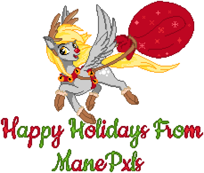 Size: 916x780 | Tagged: safe, artist:epicvon, artist:sugarcup, artist:xwhitedreamsx, derpibooru import, derpy hooves, deer, pegasus, pony, reindeer, antlers, boots, christmas, clothes, deerpy hooves, female, flying, harness, holiday, image, manepxls, mare, open mouth, pixel art, png, pxls.space, red nose, red nosed, reindeer antlers, reindeerified, rudolph the red nosed reindeer, sack, shoes, side view, simple background, smiling, solo, species swap, tack, transparent background