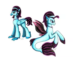 Size: 2777x2160 | Tagged: safe, artist:nightmareadagio, derpibooru import, oc, unofficial characters only, classical hippogriff, hippogriff, seapony (g4), beak, claws, clothes, colored pupils, dorsal fin, ear piercing, earring, female, fins, fin wings, flowing mane, flowing tail, folded wings, image, jewelry, jpeg, necklace, piercing, purple eyes, see-through, signature, simple background, smiling, solo, traditional art, white background, wings