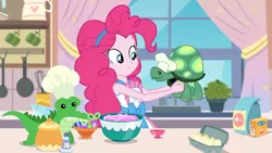 Size: 1366x768 | Tagged: safe, derpibooru import, screencap, gummy, pinkie pie, tank, alligator, reptile, tortoise, equestria girls, equestria girls series, the craft of cookies, spoiler:eqg series (season 2), apron, chef's hat, clothes, coffee cup, cup, female, frying pan, geode of sugar bombs, hat, headband, image, kitchen, magical geodes, male, plushie, png, sink, tanktop, window