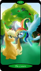 Size: 1500x2591 | Tagged: safe, artist:sixes&sevens, derpibooru import, applejack, rainbow dash, apple, apple tree, appledash, female, flying, food, freckles, hat thief, image, intertwined trees, lesbian, major arcana, missing accessory, pear tree, png, shipping, tarot card, teasing, the lovers, tree