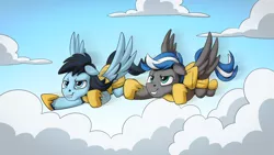 Size: 2560x1440 | Tagged: safe, artist:mysticalpha, derpibooru import, oc, oc:cloud zapper, oc:star blaze, unofficial characters only, pegasus, pony, armor, cloud, flying, image, male, pegasus oc, png, royal guard, royal guard armor, royal guard oc, stallion, wings