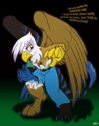 Size: 1010x1280 | Tagged: safe, artist:catmonkshiro, derpibooru import, gilda, oc, oc:siggy, anthro, digitigrade anthro, gryphon, beak, character to character, clothes, commission, digital art, furry, furry oc, image, jpeg, magic, male to female, rule 63, solo, text, transformation, unamused, wings