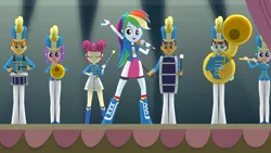 Size: 1920x1080 | Tagged: safe, derpibooru import, screencap, majorette, rainbow dash, sweeten sour, equestria girls, friendship games, background human, chs rally song, female, image, png