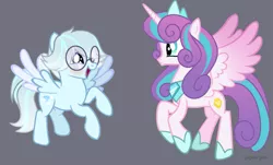 Size: 1287x779 | Tagged: safe, artist:pigeorgien, artist:rain-approves, derpibooru import, princess flurry heart, oc, oc:lucid dream(pigeorgien), alicorn, crystal pony, pegasus, pony, adorable face, adorkable, base used, blushing, cheering, clothes, colored wings, crown, crystal pegasus, cute, dork, duo, fangirling, female, flurrybetes, flying, frown, glasses, happy, image, jewelry, mare, multicolored wings, necklace, nerd pony, older, older flurry heart, png, regalia, round glasses, royalty, shoes, simple background, smiling, wings