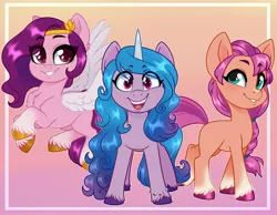 Size: 4096x3186 | Tagged: safe, artist:annakitsun3, derpibooru import, izzy moonbow, pipp petals, sunny starscout, earth pony, pegasus, pony, unicorn, adorapipp, bracelet, braid, chest fluff, cute, female, g5, gradient background, grin, image, izzybetes, jewelry, jpeg, looking at you, mare, open mouth, smiling, sunnybetes, teeth, unshorn fetlocks, wings