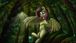 Size: 1920x1080 | Tagged: safe, artist:nuxersopus, derpibooru import, fluttershy, bird, pegasus, pony, cute, foliage, forest, image, moss, png, scenery, shyabetes, solo, that pony sure does love animals, tree, wisp