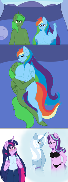 Size: 2782x7387 | Tagged: suggestive, artist:midnightamber, derpibooru import, rainbow dash, starlight glimmer, trixie, twilight sparkle, oc, oc:green thunder, alicorn, anthro, pegasus, plantigrade anthro, alicorn oc, big breasts, blushing, bra, breasts, busty rainbow dash, busty twilight sparkle, canon x oc, clothes, comic, commission, cuddling, face in breasts, fantasizing, greendash, grope, horn, huge breasts, image, impossibly large breasts, long hair, looking at you, never doubt blaa6 involvement, nudity, one eye closed, partial nudity, png, rainbow dash's bedroom, simple background, underwear, wings, wink, winking at you