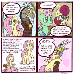 Size: 2048x2048 | Tagged: safe, artist:pfeffaroo, derpibooru import, angel bunny, discord, fluttershy, gentle breeze, posey shy, draconequus, ferret, mouse, pegasus, pony, rabbit, squirrel, 4 panel comic, animal, announcement, clothes, comic, dialogue, discoshy, female, floppy ears, fluttershy's parents, folded wings, glasses, happy, heartwarming, high res, hug, image, jacket, male, mare, open mouth, png, shipping, sitting on head, smiling, speech bubble, stallion, straight, sweater, wings