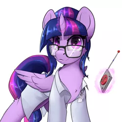 Size: 3000x3000 | Tagged: safe, artist:argodaemon, artist:skitsniga, derpibooru import, sci-twi, twilight sparkle, twilight sparkle (alicorn), alicorn, pony, alternate hairstyle, clothes, female, glasses, image, lab coat, magic, mare, png, remote, rocket science, rocket surgery, scitwilicorn, simple background, solo, telekinesis, white background