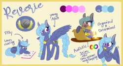 Size: 3900x2100 | Tagged: safe, artist:cartoonboyfriends, derpibooru import, oc, oc:reverie, pegasus, pony, candle, female, filly, image, jpeg, mare, multiple parents, offspring, parent:applejack, parent:fluttershy, parent:pinkie pie, parent:rainbow dash, parent:rarity, parent:twilight sparkle, parents:omniship, reference sheet, scroll, solo