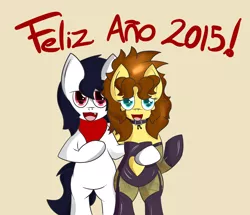 Size: 2000x1722 | Tagged: safe, artist:almaustral, derpibooru import, oc, oc:billy rose, oc:lighting wind, unofficial characters only, earth pony, pony, :d, bipedal, clothes, duo, earth pony oc, happy new year 2015, image, male, neckerchief, open mouth, png, side hug, simple background, smiling, stallion