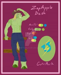 Size: 1280x1565 | Tagged: suggestive, artist:amayawolfe, derpibooru import, oc, oc:zap apple dash, unofficial characters only, anthro, earth pony, unguligrade anthro, abs, bare chest, blue jeans, clothes, cowboy hat, cutie mark, fence, hat, image, jeans, jpeg, male, muscles, muscular male, offspring, pants, parent:big macintosh, parent:rainbow dash, parents:rainbowmac, partial nudity, pecs, reference sheet, solo, solo male, stetson, topless