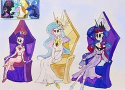 Size: 540x391 | Tagged: safe, artist:lunaart, derpibooru import, princess celestia, princess luna, twilight sparkle, twilight sparkle (alicorn), alicorn, human, pony, alicorn thrones, crown, cute, cutelestia, horn, horned humanization, humanized, image, jewelry, jpeg, lunabetes, regalia, scene interpretation, screencap reference, winged humanization, wings