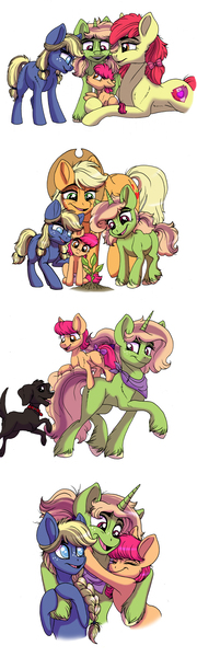 Size: 800x2662 | Tagged: safe, artist:celestial-rainstorm, derpibooru import, apple bloom, applejack, oc, oc:chrysanthemum, oc:juniper berry, oc:pippin, unofficial characters only, dog, earth pony, pony, unicorn, female, filly, image, jpeg, mare, offspring, older, parent:apple bloom, parent:applejack, parent:big macintosh, parent:oc:ash bark, parent:sugar belle, parent:tender taps, parents:canon x oc, parents:sugarmac, parents:tenderbloom