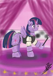 Size: 2862x4096 | Tagged: safe, artist:shappy the lamia, derpibooru import, twilight sparkle, twilight sparkle (alicorn), alicorn, pegasus, pony, robot, robot pony, unicorn, five nights at aj's, animatronic, animatronic pony, five nights at aj's 2, five nights at freddy's, five nights at freddy's 2, five nights at freddy's 3, five nights at pinkie's, five nights at pinkie's 4, fnaf 2, fnaf 3, fnaf 4, fnaf sl, horror, image, jpeg, magic, magician, magician outfit, magician's wand, nightmare night, princess, purple eyes, purple wings, roboticization, solo, stage, terror