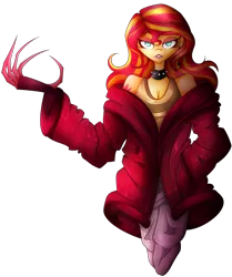Size: 2061x2465 | Tagged: safe, artist:mywasasi, derpibooru import, sunset shimmer, equestria girls, breasts, choker, claw, claws, cleavage, clothes, coat, ear piercing, earring, eyeshadow, image, implied sunset satan, jewelry, lipstick, makeup, piercing, png, seductive look, shoulderless, simple background, solo, transparent background