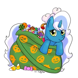 Size: 1280x1280 | Tagged: safe, artist:lib-fluffymoss, derpibooru import, oc, oc:fleurbelle, unofficial characters only, alicorn, pony, adorabelle, alicorn oc, bow, candy, candy corn, cute, female, food, hair bow, halloween, holiday, horn, if it fits i sits, image, looking at you, mare, png, simple background, solo, transparent background, trick or treat, wingding eyes, wings, yellow eyes