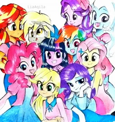 Size: 1801x1908 | Tagged: safe, artist:liaaqila, derpibooru import, applejack, derpy hooves, fluttershy, pinkie pie, rainbow dash, rarity, sci-twi, starlight glimmer, sunset shimmer, trixie, twilight sparkle, equestria girls, :p, beanie, clothes, commission, cute, dashabetes, derpabetes, diapinkes, diatrixes, dress, eyeshadow, female, glimmerbetes, grin, hat, humane five, humane seven, humane six, image, jackabetes, jeans, jpeg, makeup, open mouth, pants, raribetes, salute, shimmerbetes, shirt, shyabetes, simple background, skirt, smiling, tanktop, tongue out, traditional art, twiabetes, white background