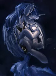 Size: 2240x3038 | Tagged: safe, artist:rigbyh00ves, derpibooru import, princess luna, alicorn, pony, crying, eyes closed, female, glow, heart, image, jpeg, mare, night, protecting, solo, stars, teary eyes, three quarter view, wings