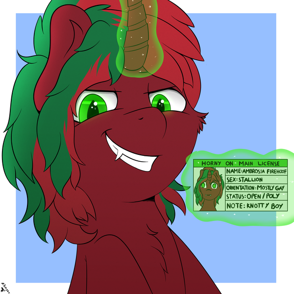 Size: 2000x2000 | Tagged: safe, artist:h3nger, derpibooru import, oc, oc:ambrosia firehoof, pony, unicorn, image, magic, magic aura, male, png, smiling, smirk, solo