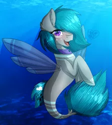 Size: 1075x1200 | Tagged: safe, artist:kittykat1279, derpibooru import, oc, unofficial characters only, seapony (g4), blushing, clothes, crepuscular rays, dorsal fin, ear fluff, eyelashes, fins, fin wings, fish tail, flowing mane, flowing tail, gem, image, jewelry, necklace, ocean, open mouth, png, purple eyes, see-through, signature, smiling, solo, sunlight, tail, underwater, water, wings