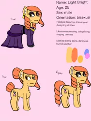 Size: 1536x2048 | Tagged: safe, artist:mintymelody, derpibooru import, oc, oc:light bright, unofficial characters only, earth pony, clothes, crossdressing, dress, femboy, image, male, png, reference sheet, solo, trap