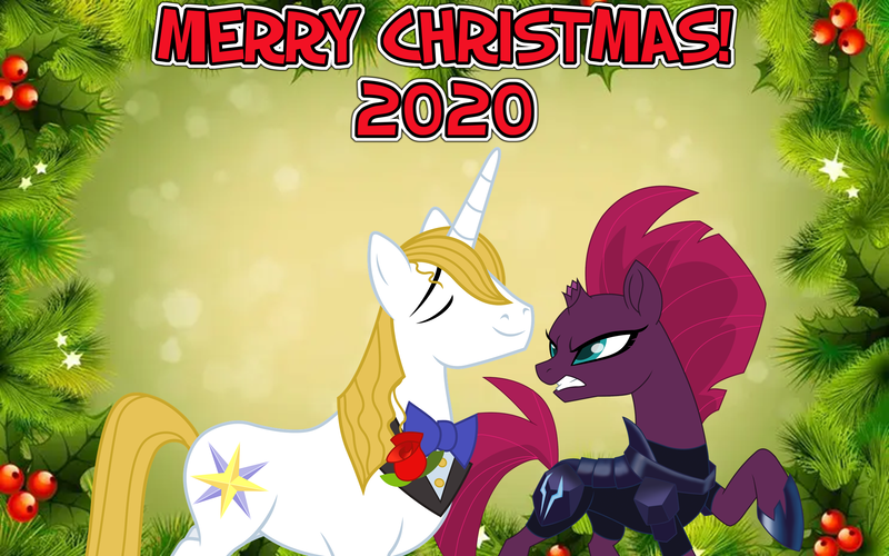 Size: 2064x1289 | Tagged: safe, anonymous artist, derpibooru import, prince blueblood, tempest shadow, unicorn, annoyed, armor, arrogant, belligerent sexual tension, berryblood, bowtie, christmas, crack shipping, death stare, female, happy hearth's warming, hearth's warming, holiday, image, lyrics in the description, male, merry christmas, png, santa claus is comin' to town, shipping, smug, straight, tempest shadow is not amused, this will end in electrocution, this will end in pain, this will not end well, tsundere, tsundere shadow, uh oh, unamused, youtube link in the description