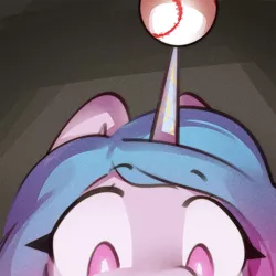 Size: 960x960 | Tagged: safe, artist:mirroredsea, derpibooru import, izzy moonbow, pony, unicorn, baseball, bust, cute, female, g5, horn, horn guard, hornball, image, izzy impaling things, izzybetes, jpeg, mare, portrait, solo, sports, webcam