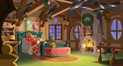Size: 3000x1620 | Tagged: safe, anonymous artist, derpibooru import, big macintosh, fluttershy, oc, oc:late riser, earth pony, pegasus, pony, series:fm holidays, baby, baby pony, bed, bedroom, bell, christmas, christmas lights, christmas wreath, colt, family, female, fire, fire light, fireplace, fluttermac, fluttershy's bedroom, fluttershy's cottage, garland, hearth's warming, hearth's warming doll, holiday, image, laying on bed, lying down, male, mare, night, offspring, on back, on bed, parent:big macintosh, parent:fluttershy, parents:fluttermac, png, present, ribbon, shipping, sleeping, stallion, straight, wreath