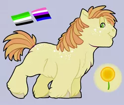 Size: 1900x1600 | Tagged: safe, artist:datwhoolsumcartunist, derpibooru import, oc, oc:dandy lion, unofficial characters only, earth pony, pony, blue background, chest fluff, earth pony oc, female, freckles, image, jpeg, mare, offspring, parent:big macintosh, parent:cheerilee, parents:cheerimac, pride, simple background, solo, unshorn fetlocks