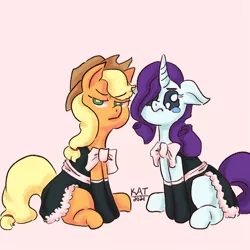 Size: 1024x1024 | Tagged: safe, artist:scribleydoodles, derpibooru import, applejack, rarity, earth pony, pony, unicorn, alternate hairstyle, applejack is not amused, applejack's hat, belt, bowtie, clothes, cowboy hat, crying, dress, duo, eye shimmer, female, floppy ears, gloves, hat, image, maid, mare, pink background, png, rarity is not amused, simple background, sitting, skirt, socks, teary eyes, unamused